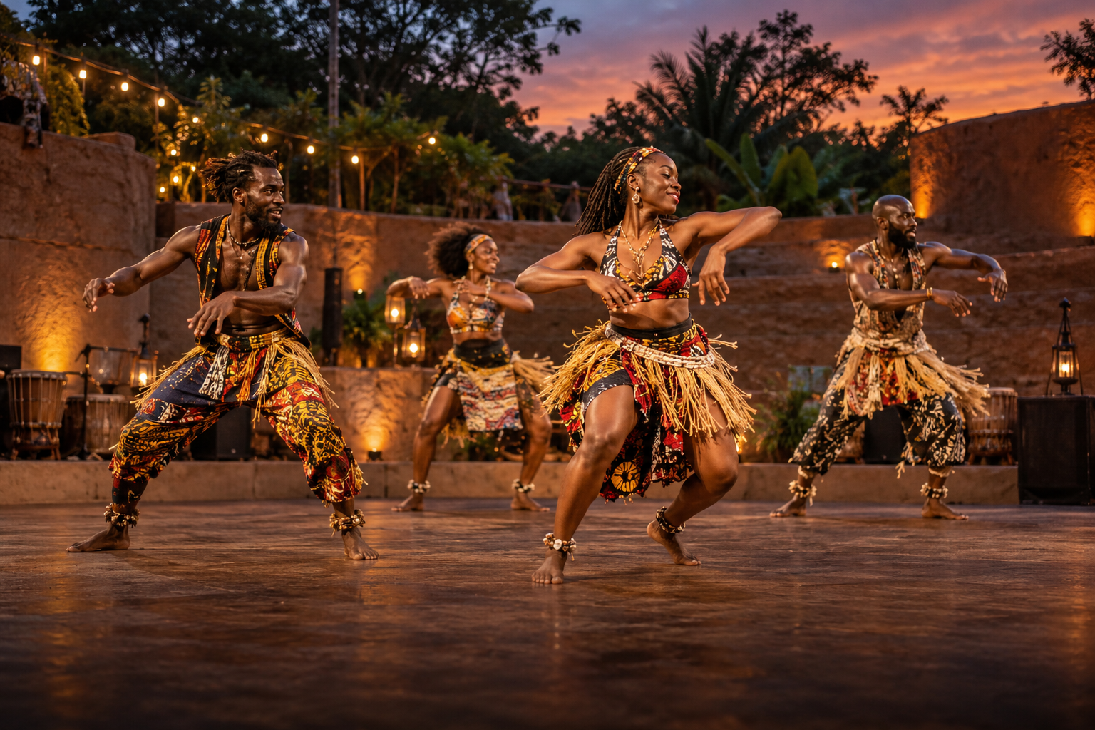 West African dance troupe performing in an open-air amphitheatre