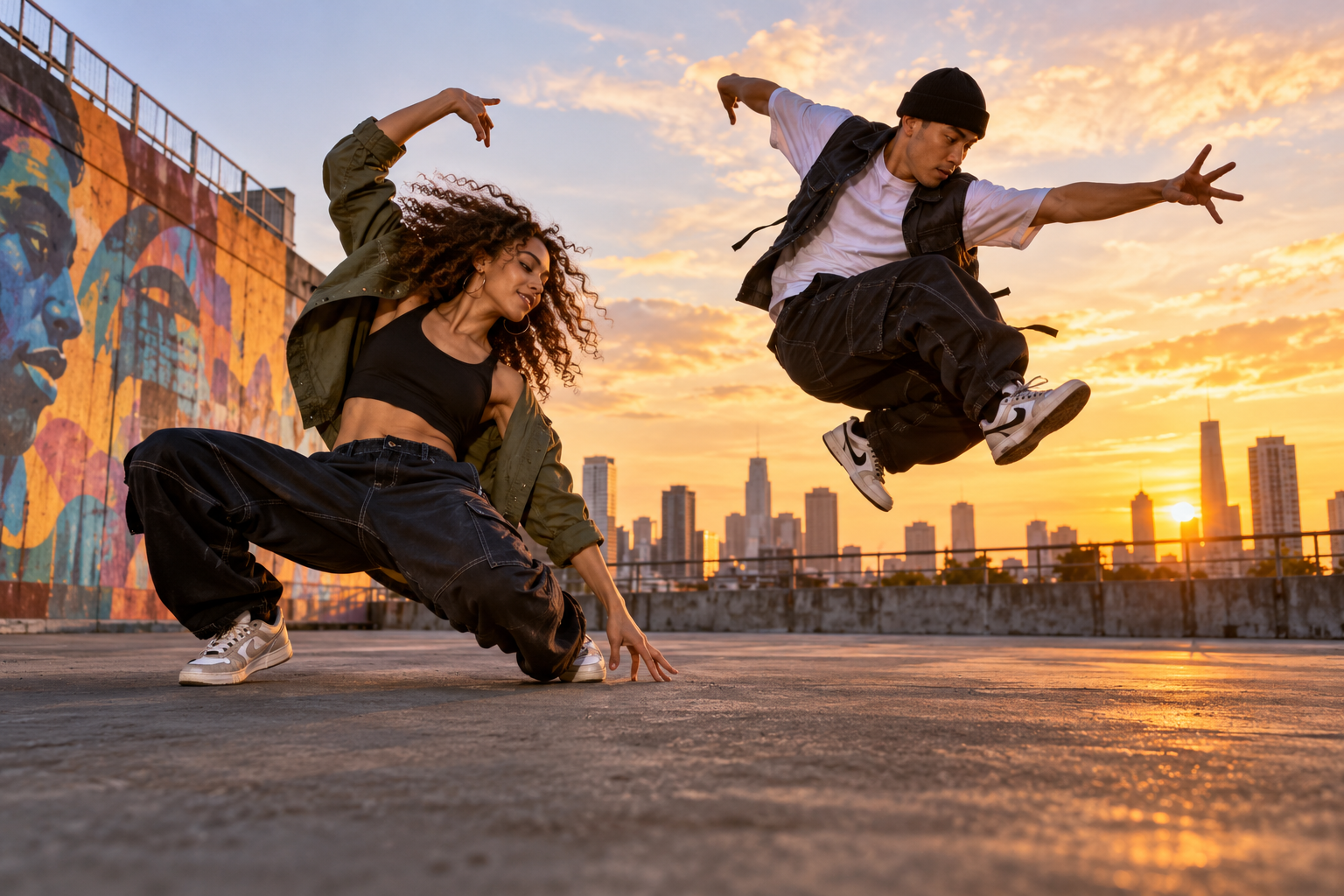 Two hip-hop dancers performing on a city rooftop at sunset